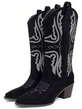 Western Cowboy Cowgirl Boots Black Faux Suede Contrast Embroidered Stitch